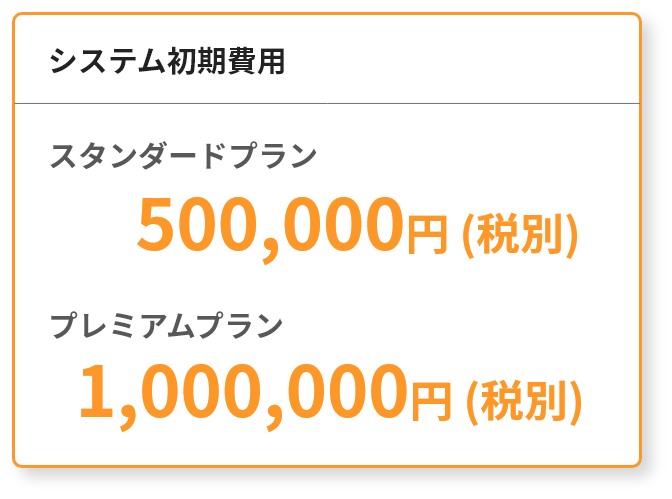 システム初期費用 プレミアムプラン 1,000,000円(税別) スタンダードプラン 500,000円(税別)
